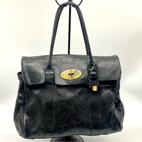 MULBERRY Black & Gold Brass Classic Grain Leather Bayswater Tote Shoulder Bag L - Picture 1 of 11